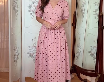 Vintage Style Polka Dot Midi Dress for Women, Cotton Silk Wrap Dress, Puff Sleeve Tea Party Outfit, Gift for Her, Wedding Guest