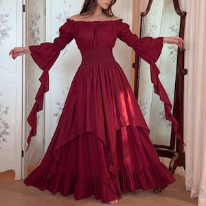 red bell sleeve maxi dress Red Paisley Sari Ruffle Bell Sleeve Maxi Dress