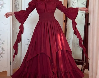 Renaissance Off Shoulder Dress for Her | Bell Sleeve Ruffle Outfit | Medieval LARP Costume | Maxi Dress Idea for Renaissance Faire