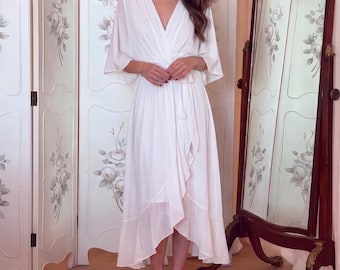White Wrap Midi Dress for Women, Chiffon Bridal Shower Outfit for Bride, Getting Ready Gift for Her, Flowy Beach Wedding Guest Dress