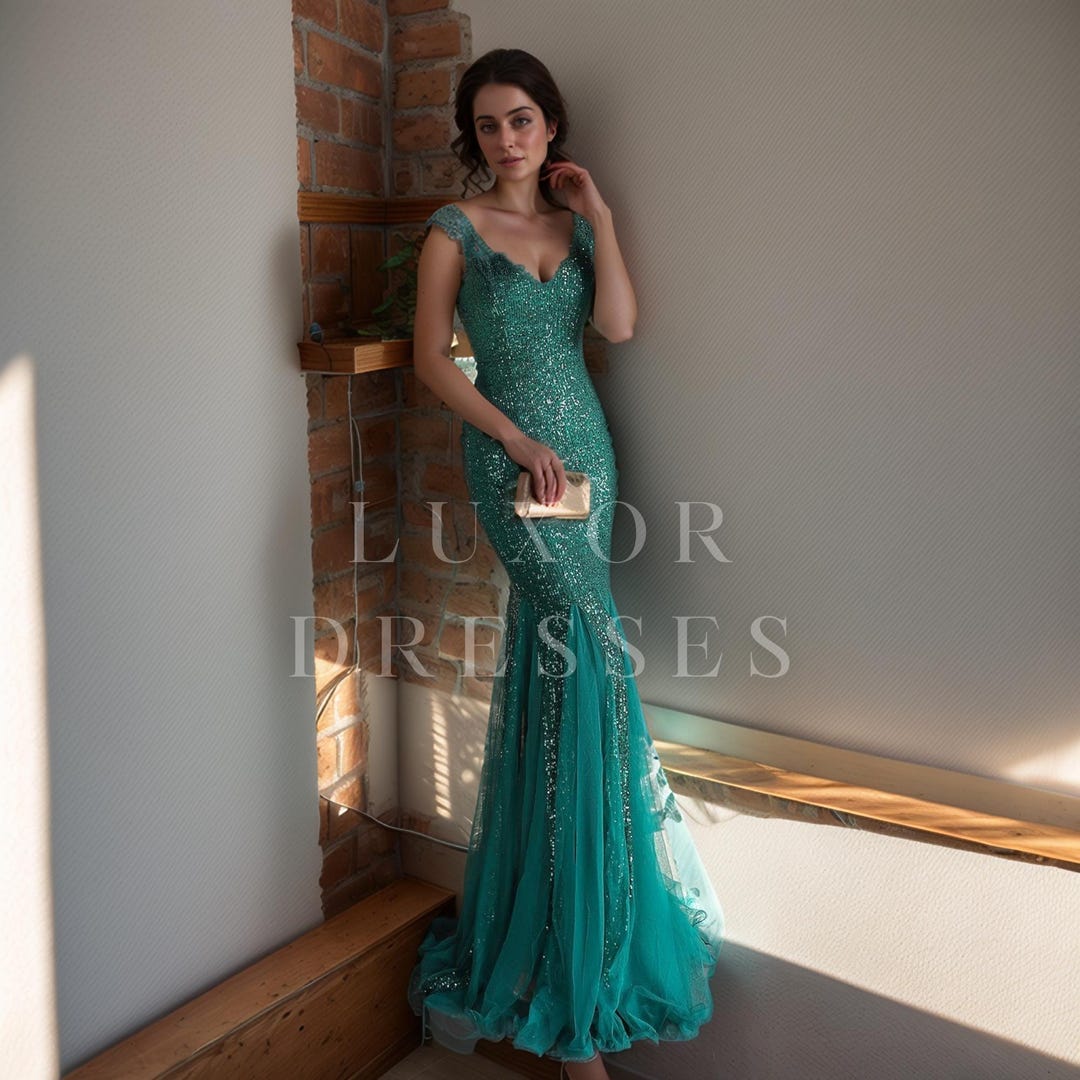Green V Neck Mermaid Evening Dress Green Evening Gown Y6288