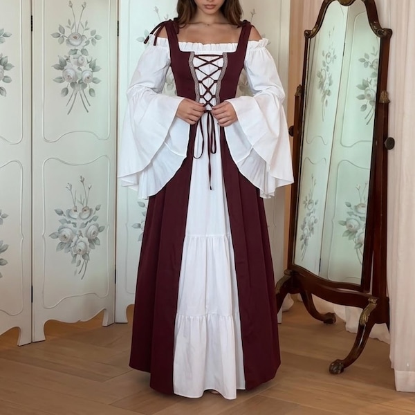 Mittelalterliches Korsettkleid für Damen | Schulterfreies Kleid mit Glockenärmeln für Renaissance-Feste | Maxikleid mit Schnürung | Märchenkostüm