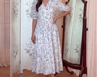 Gift for Her Floral Midi Dress, Wedding Guest Outfit for Women, Garden Party Frock for Spring, Cotton Silk Item Idea for Vacation