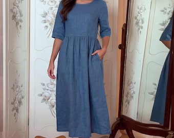 Linen Midi Dress with Pockets, Flowy Summer Outfit for Women, Modest Vacation Clothing, Cottagecore Birthday Gift for Mom