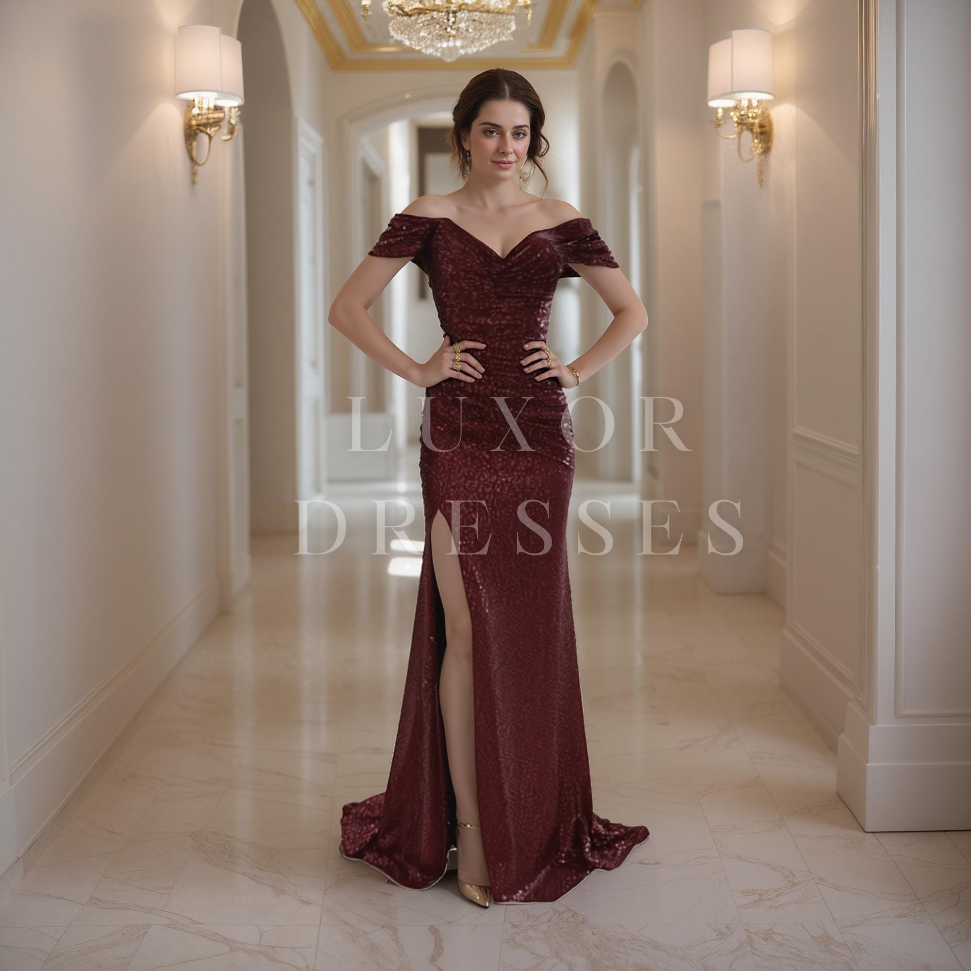 Burgundy One-Shoulder Satin Evening Gown With High Slit