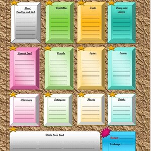 May include: A printable grocery list template with categories for meat, poultry, fish, vegetables, fruits, dairy and cheese, canned food, cereals, spices, sauces, pharmacy, detergents, plastic, drinks, and daily basic food. There are spaces to write in a budget and exchange.