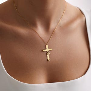 Gold Custom Cross Necklace with Name, Cross Pendant, Name Cross Necklace, Christmas gift, Personalized Gift, Gift for Her, Custom Gift