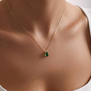 14k Solid Gold Emerald Necklace: Minimalist Rectangle Pendant