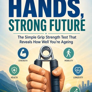 May include: A book cover titled STRONG HANDS, STRONG FUTURE: The Simple Grip Strength Test That Reveals How Well You’re Ageing. It features a hand squeezing a metal grip strengthener, surrounded by icons for strength, health, mobility, longevity, and independence.