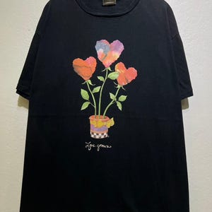 Vintage 1990s Love Grows Herz Blumentopf Aquarell Botanischer Garten Natur Slogan T-Shirt Größe L
