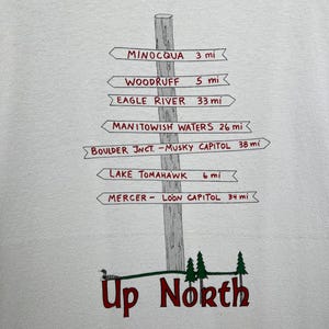 90年代のヴィンテージ、北ウィスコンシン州の道路標識距離マーカーTシャツ、サイズXL、ヴィンテージトラベルTシャツ、中西部の観光湖ハイキングルートTシャツ、ルーン