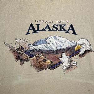 Vintage 90s Denali Park Alaska Wildlife Mountain Scene T-Shirt with Bear Eagle Moose Nature Souvenir Tourist Travel Tee Size XL