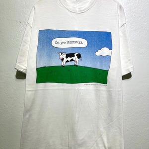 1990年代のヴィンテージ「野菜を食べよう」牛の漫画風おもしろビーガンユーモアスローガンTシャツ サイズXL