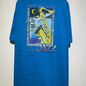 T-shirt de jazz de la Nouvelle-Orléans vintage des années 90, taille L, t-shirt de musique vintage, chemise de saxophone vintage, lieu de naissance de l'art jazz