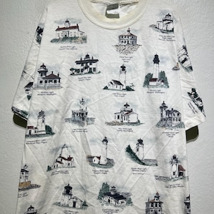 Vintage 90s All Over Lighthouse T-Shirt Nautical Maritime Ocean Scene Graphic Collectors Tee Size XL