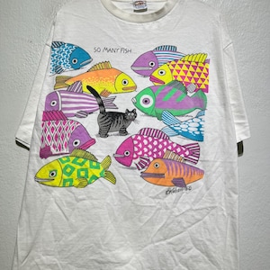 90年代ヴィンテージ So Many Fish おもしろ猫グラフィックTシャツ カラフルな熱帯魚 漫画 サイズL 動物ユーモア レトロTシャツ