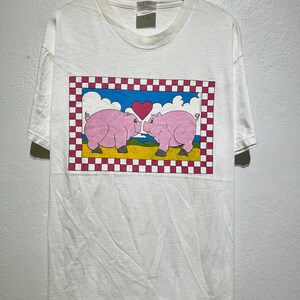 Vintage jaren 90 cartoon varken T-shirt kussen varkens hart liefde checker frame grillige boerderij dieren T-shirt maat M vintage schattig dierenvriend shirt