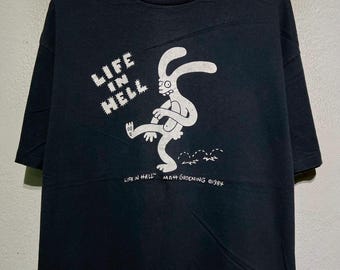 Camiseta vintage de 1984 de Life In Hell, tira cómica de Matt Groening Binky el conejo, Los Simpson, promoción del creador. Camiseta negra de estilo urbano para hombre.