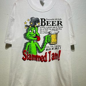 Camiseta vintage de los 90 para amantes de la cerveza con diseño de monstruo verde festivo, talla XL, estilo caprichoso