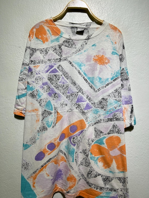 Vintage 90s Ocean Pacific Abstract All Over Print T-Shirt Artsy Geometric Pattern Tee Size XL Vintage Streetwear Style