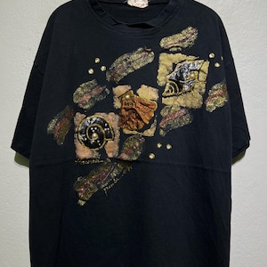 Vintage 90s Hawaii Shell Glitter Shirt Ocean Art Style with Gold Paint Accents and Crystal Beads Island Aesthetic Beach Vibe Size XL