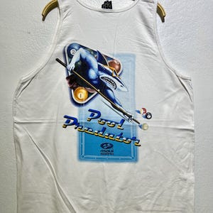 Vintage 1990er Jahre Pool Raubfisch Hai Tank Top Ärmelloses T Shirt Lustige Cartoon Hai Pool Halle Humor Billard Spieler Geschenk Tee Größe XL