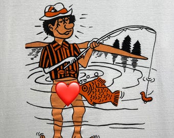 Vintage 90s Funny Fishing Man Cartoon L Humorous Adult Joke Risque