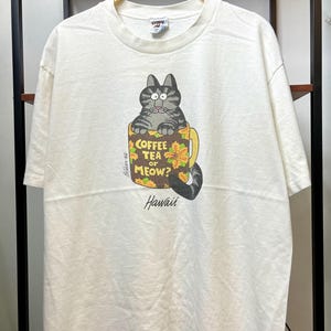 Vintage jaren 90 Crazy Shirts Hawaii Coffee Tea or Meow Cat T-shirt Cartoon Humor T-shirt maat M