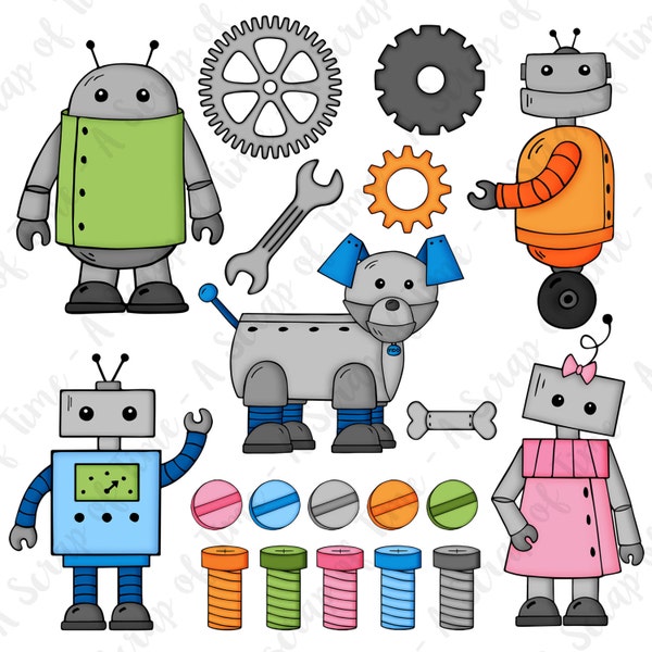 Robot Hand Drawn Digital Clipart - Set of 20 - Robots, Robot Dog, Robot Girl, Bolts, Gears- Instant Download - Item#9156