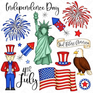 4th of July Independence Day Digital Clipart - Set of 17 - Statue of Liberty, Fireworks, Uncle Sam, Bald Eagle - Instant Download - Item9273