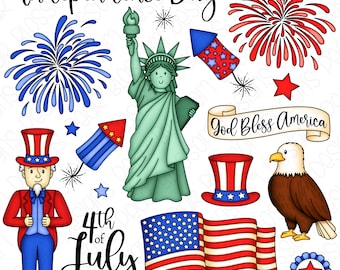 4th of July Independence Day Digital Clipart - Set of 17 - Statue of Liberty, Fireworks, Uncle Sam, Bald Eagle - Instant Download - Item9273