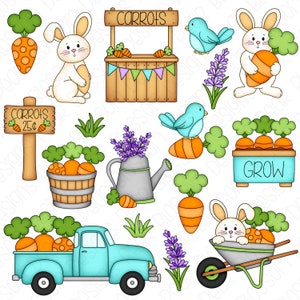 Spring Carrot Farm Clipart Set Hand Drawn Digital Clipart Gardening, Vegetable Garden, Easter Bunny Item 9247 image 1