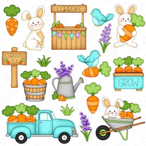 May include: A set of digital illustrations featuring a blue truck, a bunny rabbit, a watering can, a wheelbarrow, a carrot stand, and a bird. The illustrations are in a cartoon style and feature bright colors.