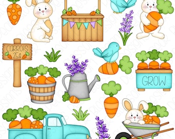 Conjunto de imágenes prediseñadas de Spring Carrot Farm - Imágenes prediseñadas digitales dibujadas a mano - Jardinería, Huerto, Conejito de Pascua - Artículo 9247