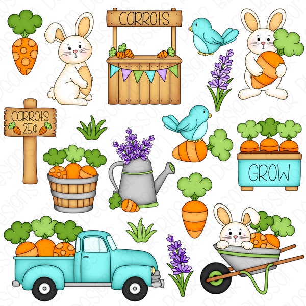 Spring Carrot Farm Clipart Set - Hand Drawn Digital Clipart - Gardening, Vegetable Garden, Easter Bunny - Item# 9247