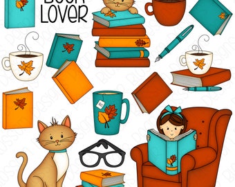 Fall Book Lover Hand Drawn Digital Clipart - Set of 16 - Autumn Coffee, Books, Cat, Glasses, Reading - Instant Download - Item #9215