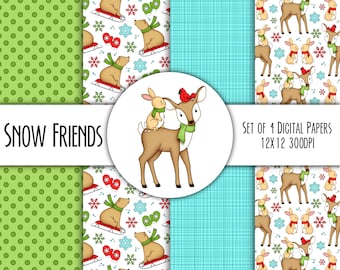 Snow Friends Hand Drawn Digital Paper Mini Pack - Set of 4 - Sledding Bear, Bunny, Deer, Snowflakes - Instant Download - 8302