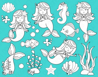 Under the Sea Mermaid Digital Stamps, Digistamps, Clipart - Instant Download - 7120
