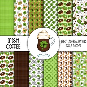 Peut inclure: Ensemble de 12 papiers numériques avec des motifs de café irlandais, des trèfles, des grains de café, des beignets et des pois. Les papiers mesurent 12x12 pouces et 300 DPI.