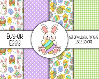 Easter Eggs Hand Drawn Digital Paper Mini Pack - Set of 4 - Easter Bunny, Baby Chick, Easter Eggs - Instant Download - 8322