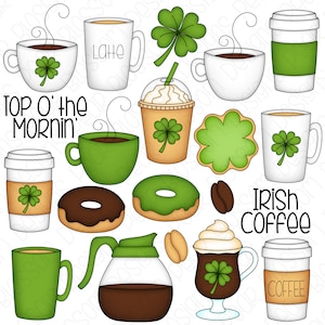 May include: A set of St. Patrick's Day themed coffee and donut clipart. The set includes a green shamrock, a coffee cup with a green shamrock, a donut with green icing, a coffee pot, a cup of Irish coffee, a cup of latte, a cup of coffee, and a donut with chocolate icing. The text "Top O' the Mornin'" and "Irish Coffee" are also included in the set.
