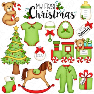 Baby&#39;s First Christmas Clipart Set - Hand Drawn Digital Clipart - Christmas Sleeper Onesie Bib Rocking Horse Christmas Train - Item# 9255
