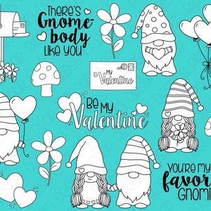 May include: Black and white Valentine's Day themed digital clip art set. Includes gnomes, hearts, flowers, a mailbox, mushrooms, and phrases like "There's Gnome body like you" and "Be My Valentine".