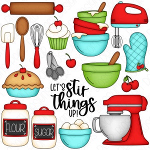 Cherry Bakery Hand Drawn Digital Clipart Set of 18 Retro Kitchen, Baking, Mixer, Whisk Instant Download Item 9271 image 1