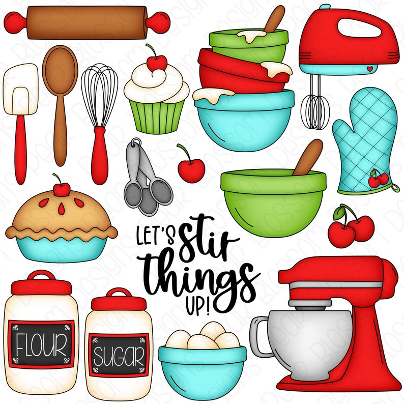 Cherry Bakery Hand Drawn Digital Clipart Set of 18 Retro Kitchen, Baking, Mixer, Whisk Instant Download Item 9271 image 1