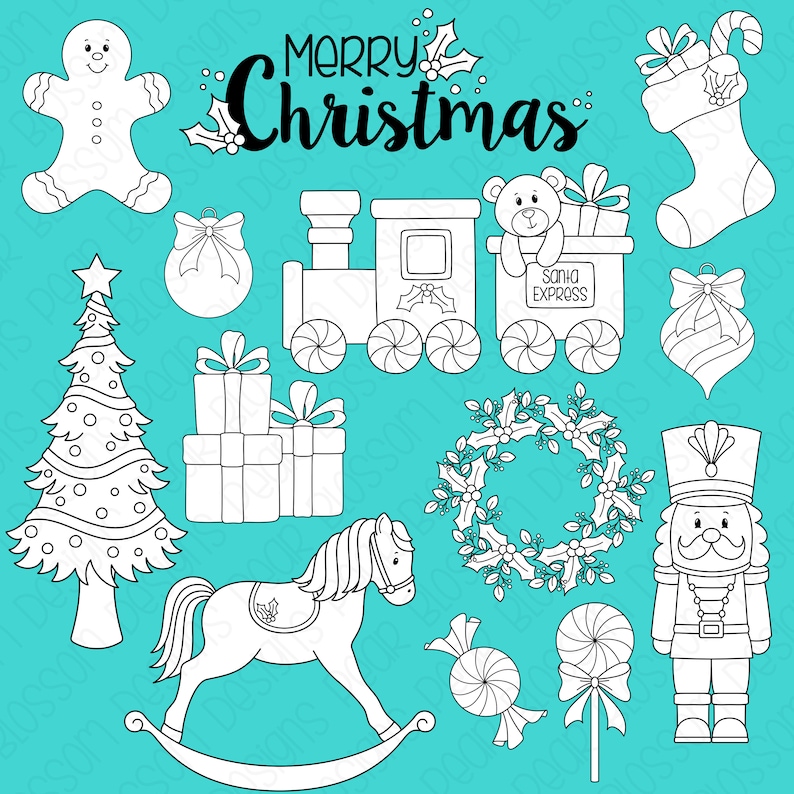 May include: A black and white illustration set of Christmas themed images. The set includes a gingerbread man, a Christmas tree, a train, a rocking horse, a wreath, a nutcracker, a stocking, a candy cane, a lollipop, and a gift box.