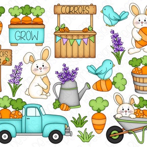 May include: A set of digital clipart images featuring a blue truck, a wheelbarrow, a watering can, a bunny rabbit, a bird, carrots, and a sign that says "Carrots 25c".