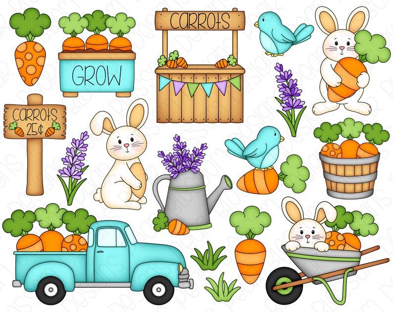 May include: A set of digital clipart images featuring a blue truck, a wheelbarrow, a watering can, a bunny rabbit, a bird, carrots, and a sign that says "Carrots 25c".