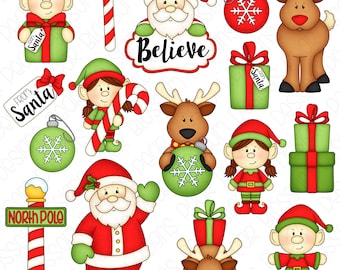 Santa's Helpers Christmas Hand Drawn Digital Clipart - Set of 16 - Santa, Elves, Elf, Reindeer, Rudolf - Instant Download - Item #9240