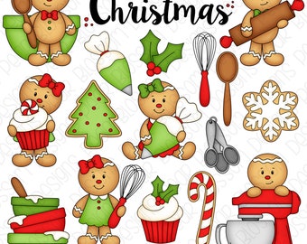 Gingerbread Bakery Sweet Christmas Clipart Set - Hand Drawn Digital Clipart - Christmas Baking, Gingerbread Man - Item# 9236